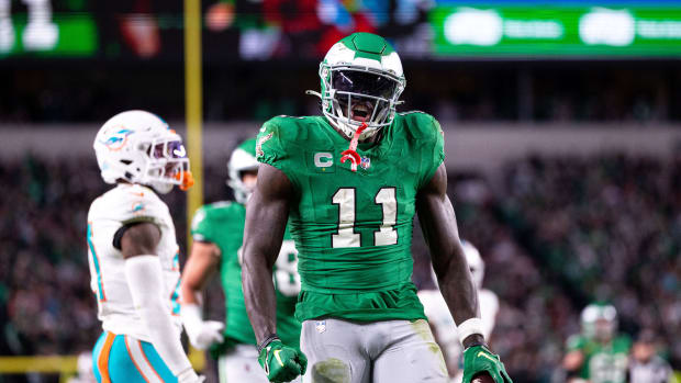Philadelphia Eagles wide receiver A.J. Brown (11) reacts after a first down catch against the Miami Dolphins during the fourth quarter at Lincoln Financial Field.